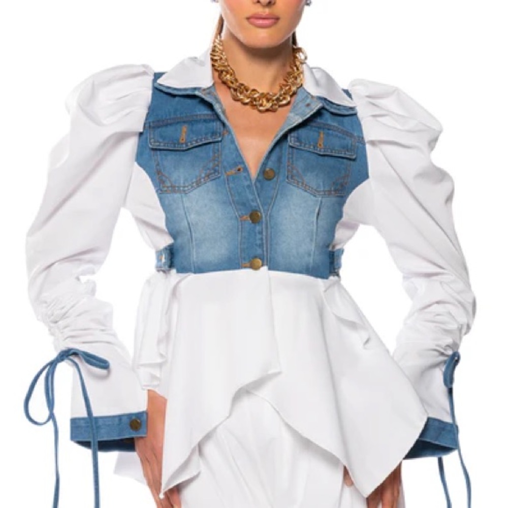 Denim and White Button Down Shirt with puffy sleeves